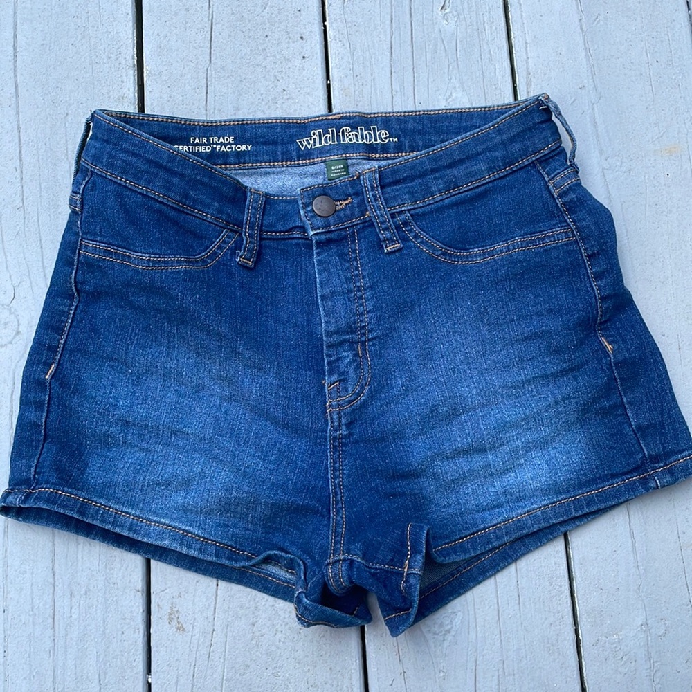 dark blue comfy jean shorts, lightly worn no damage